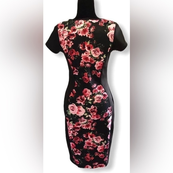 Love J. Floral Pencil Dress Juniors Medium Bodycon Black Pink Floral Roses - Picture 3 of 13